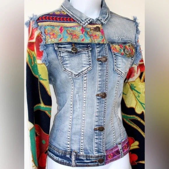 Desigual Denim Jacket with Floral Sleeves - Picture 3 of 4